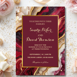Chic Burgundy Gold Agate Marble Modern Wedding Invitation