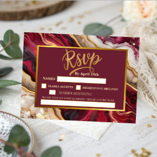 Chic Burgundy Gold Agate Marble Modern Wedding RSVP Card