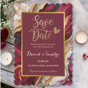 Chic Burgundy Gold Agate Marble Modern Wedding Save The Date