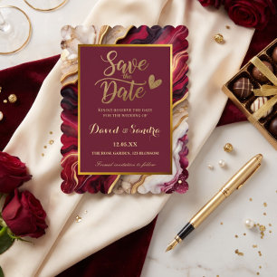 Chic Burgundy Gold Agate Marble Modern Wedding Save The Date