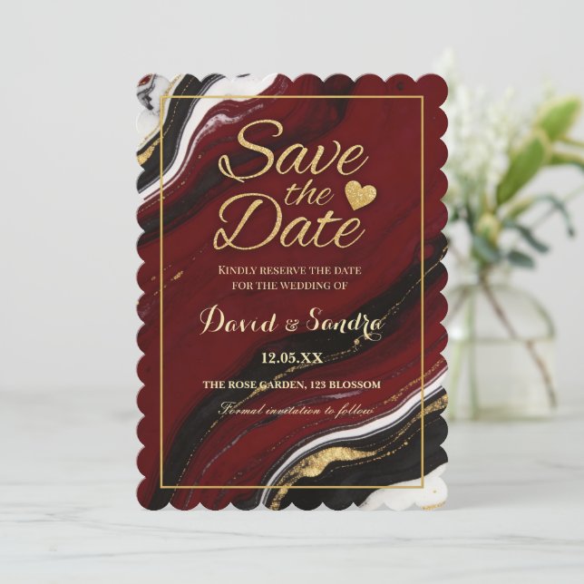 Chic Burgundy Gold Agate Marble Modern Wedding  Save The Date (Standing Front)