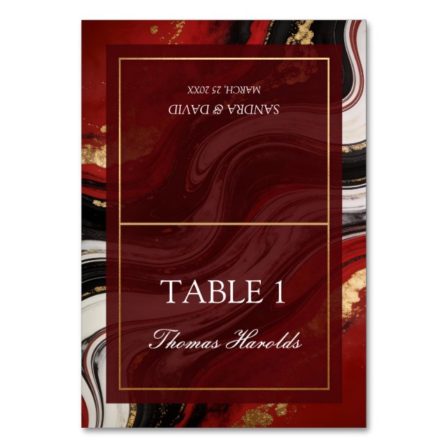 Chic Burgundy Gold Agate Marble Modern Wedding Table Number (Front)