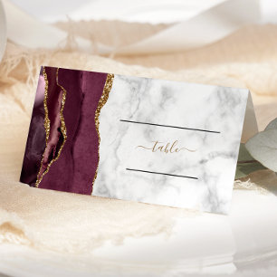 Chic Burgundy Gold Agate Marble Wedding Table Place Card