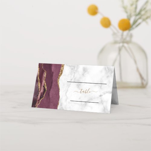 Chic Burgundy Gold Agate Marble Wedding Table Place Card