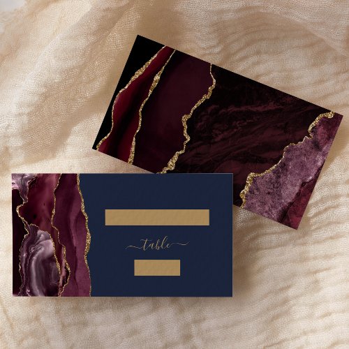 Chic Burgundy Gold Agate Navy Wedding Escort Place Card