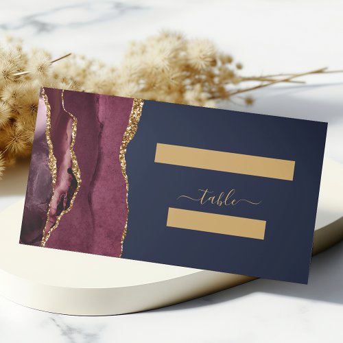 Chic Burgundy Gold Agate Navy Wedding Table Place Card