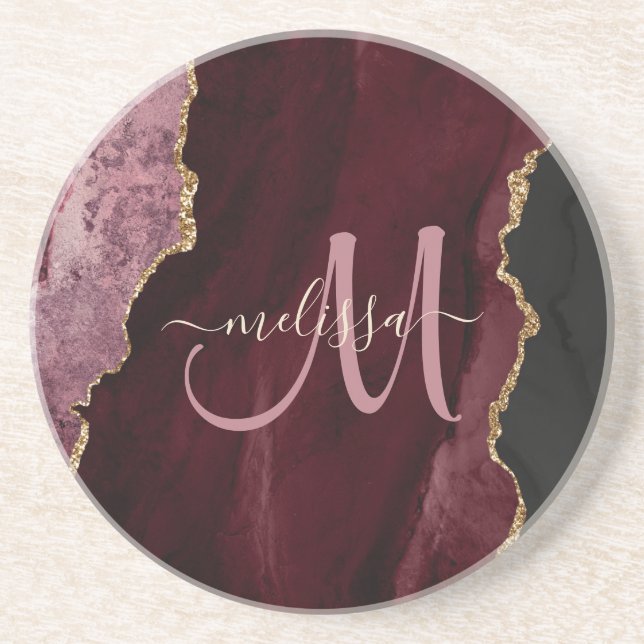 Chic Burgundy Gold Agate Script Custom Monogram Coaster (Front)