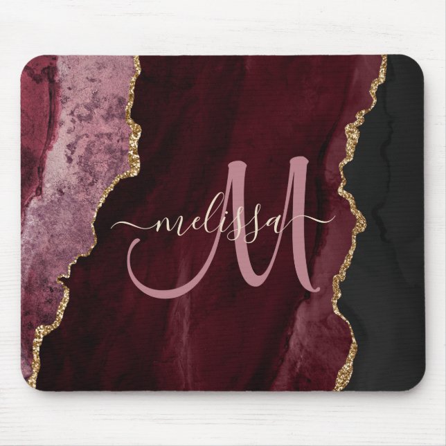 Chic Burgundy Gold Agate Script Custom Monogram Mouse Pad (Front)