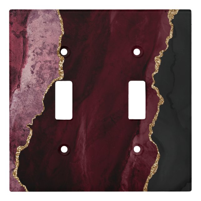 Chic Burgundy Gold Agate Script Monogram Custom Light Switch Cover (Front)