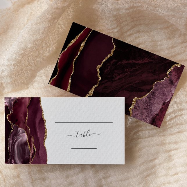 Chic Burgundy Gold Agate Wedding Escort Place Card (Creator Uploaded)