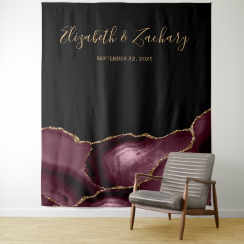 Chic Burgundy Gold Agate Wedding Photo Booth Tapestry