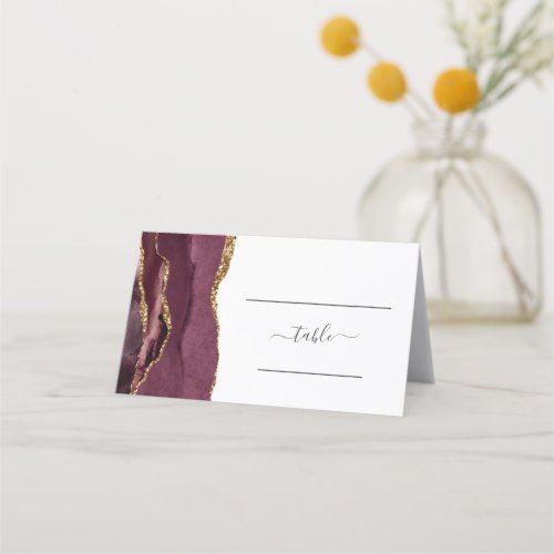 Chic Burgundy Gold Agate Wedding Table Place Card