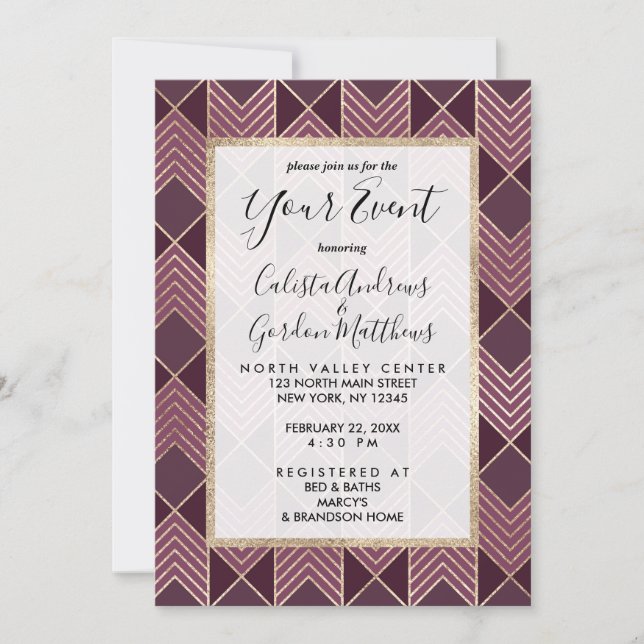 Chic Burgundy Gold Arrowhead Chevron Geometric Invitation (Front)