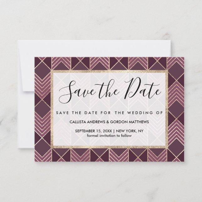 Chic Burgundy Gold Arrowhead Chevron Geometric Save The Date (Front)