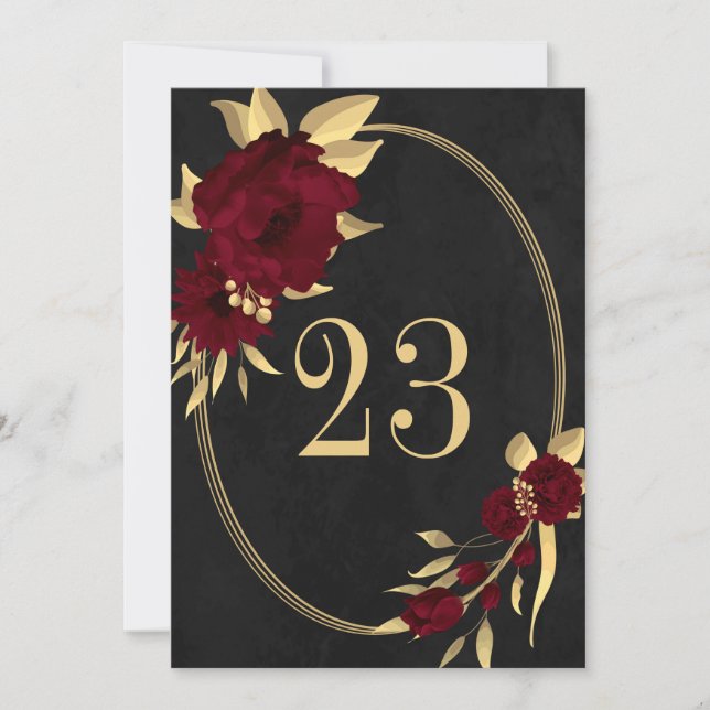 Chic burgundy & gold black geometric table number (Front)