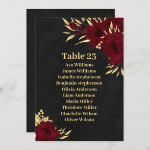 Chic burgundy & gold black seating chart card