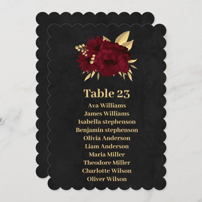 Chic burgundy & gold black seating chart card (Front/Back)