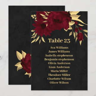 Chic burgundy & gold black seating chart card