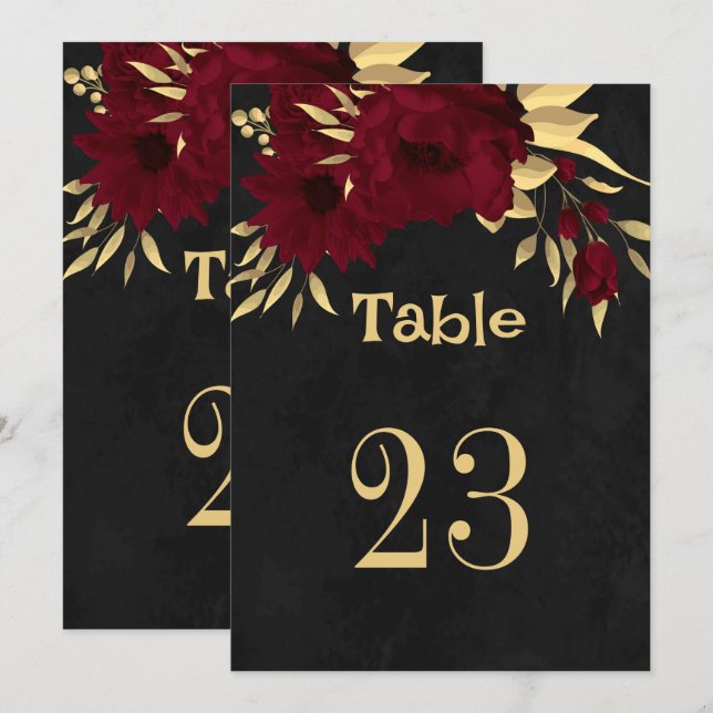 Chic burgundy & gold black table number (Front/Back)