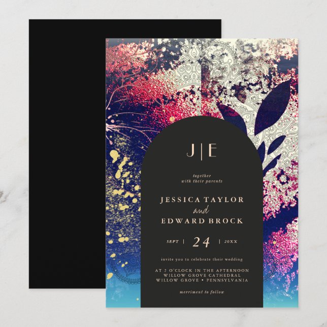 Chic Burgundy Gold Blue Botanical Abstract Wedding Invitation (Front/Back)