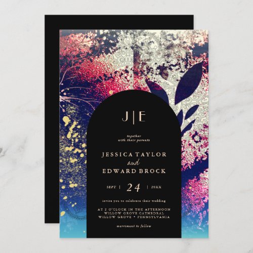 Chic Burgundy Gold Blue Botanical Abstract Wedding Invitation