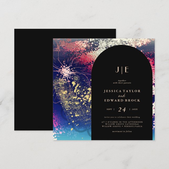 Chic Burgundy Gold Blue Botanical Square Wedding Invitation (Front/Back)