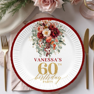 Chic Burgundy Gold Eucalyptus 60th Birthday Paper Plates