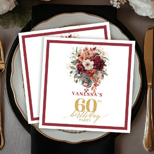 Chic Burgundy Gold Fall Floral 60th Birthday Paper Napkins