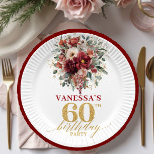 Chic Burgundy Gold Fall Floral 60th Birthday Paper Plates