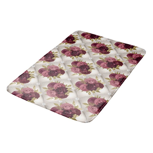 Chic Burgundy Gold Floral diamond tufted Pattern Bath Mat (Angled)