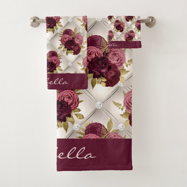 Chic Burgundy Gold Floral diamond tufted Pattern Bath Towel Set (Insitu)