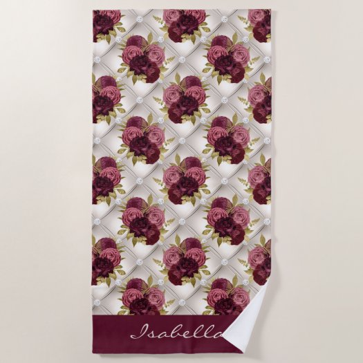 Chic Burgundy Gold Floral diamond tufted Pattern