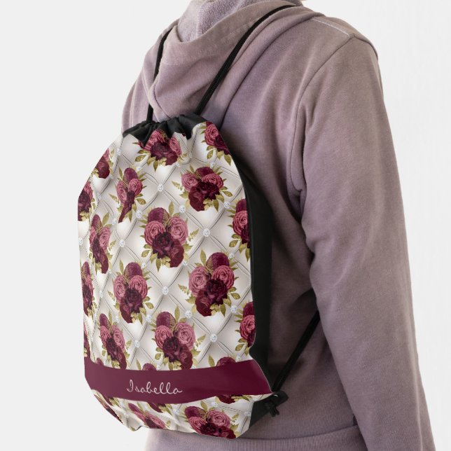 Chic Burgundy Gold Floral diamond tufted Pattern Drawstring Bag (Insitu)