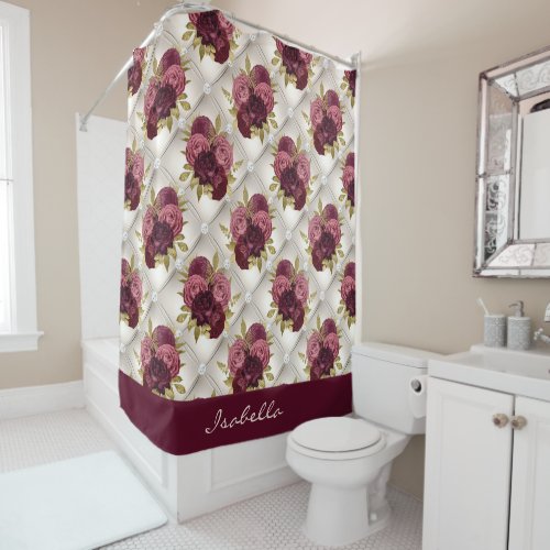 Chic Burgundy Gold Floral diamond tufted Pattern Shower Curtain