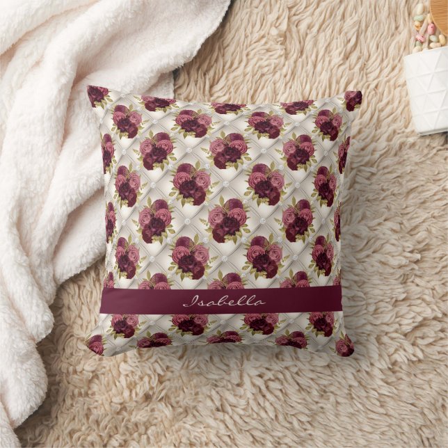 Chic Burgundy Gold Floral diamond tufted Pattern Throw Pillow (Blanket)