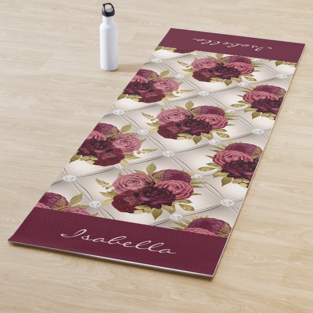 Chic Burgundy Gold Floral diamond tufted Pattern Yoga Mat (In Situ)