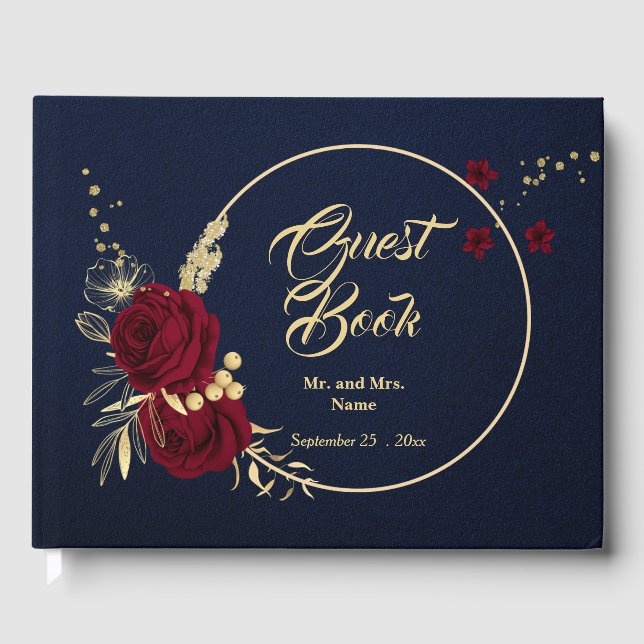 chic burgundy gold floral wreath navy blue wedding guest book (Front)