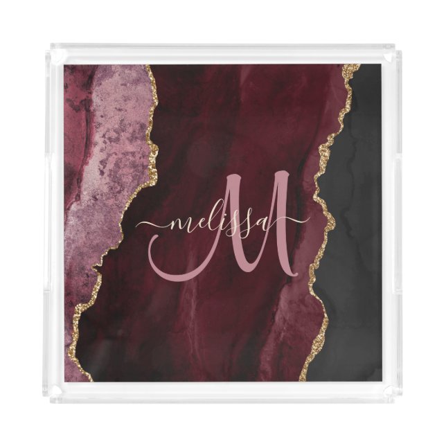 Chic Burgundy Gold Glitter Agate Custom Monogram Acrylic Tray (Front)