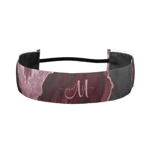 Chic Burgundy Gold Glitter Agate Custom Monogram Athletic Headband (Front)