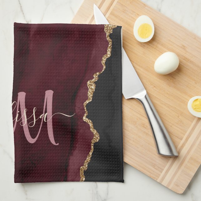 Chic Burgundy Gold Glitter Agate Custom Monogram B Kitchen Towel (Quarter Fold)