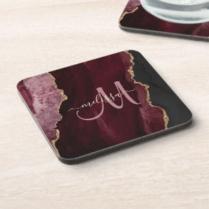 Chic Burgundy Gold Glitter Agate Custom Monogram Beverage Coaster
