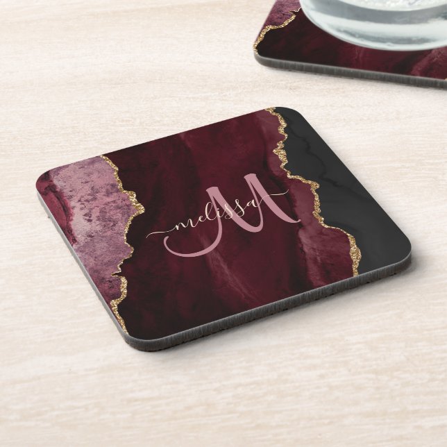 Chic Burgundy Gold Glitter Agate Custom Monogram Beverage Coaster (Left Side)
