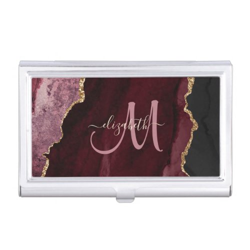 Chic Burgundy Gold Glitter Agate Custom Monogram Business Card Case