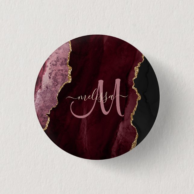 Chic Burgundy Gold Glitter Agate Custom Monogram Button (Front)