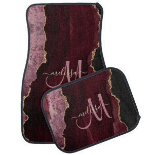 Chic Burgundy Gold Glitter Agate Custom Monogram Car Floor Mat