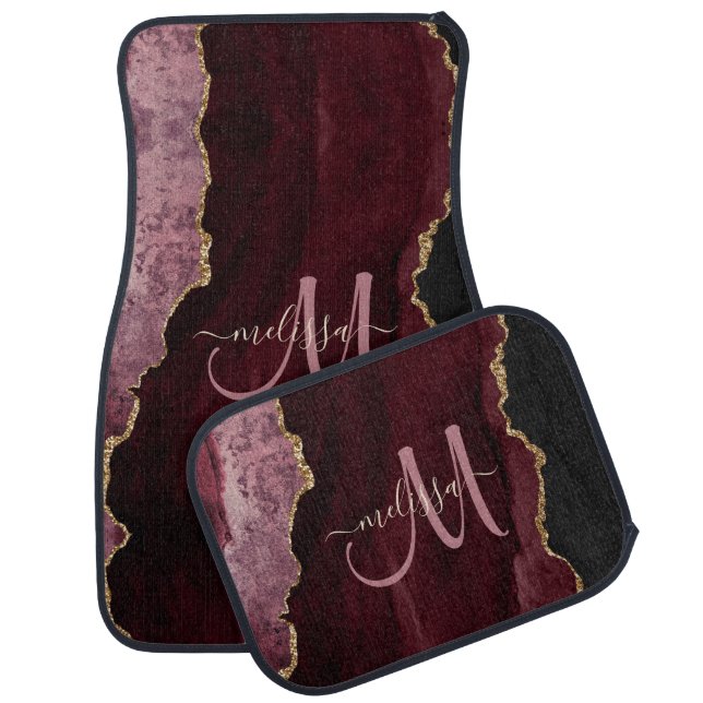 Chic Burgundy Gold Glitter Agate Custom Monogram Car Floor Mat (Set)