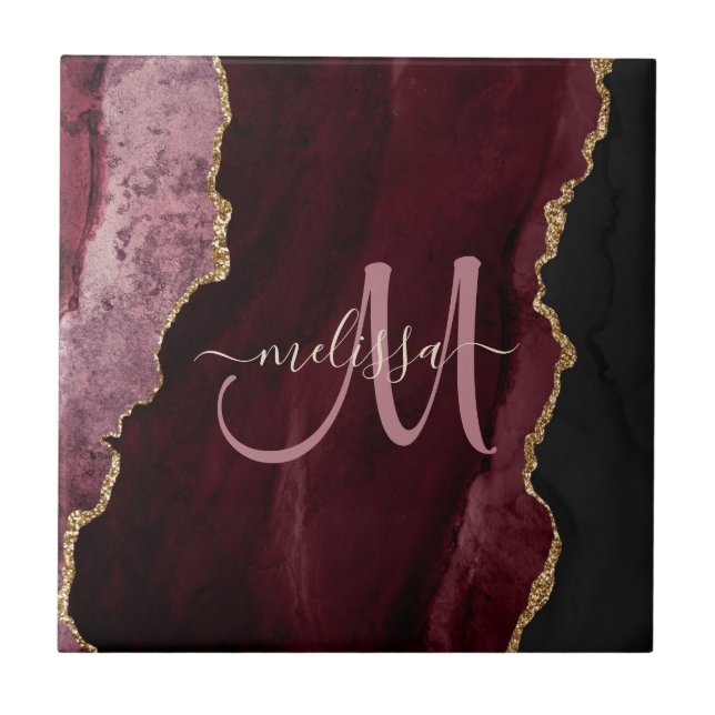 Chic Burgundy Gold Glitter Agate Custom Monogram Ceramic Tile (Front)