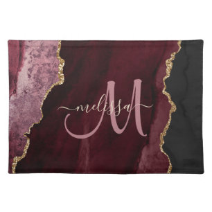 Chic Burgundy Gold Glitter Agate Custom Monogram Cloth Placemat
