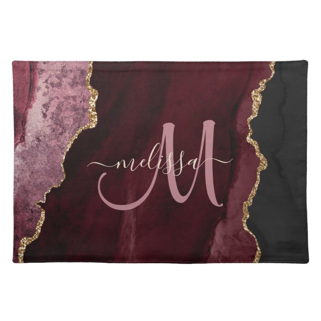 Chic Burgundy Gold Glitter Agate Custom Monogram Cloth Placemat (Front)
