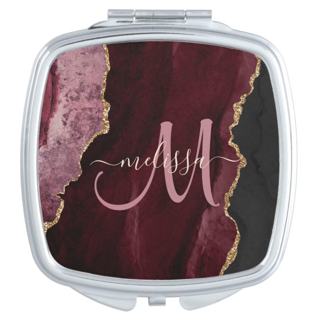 Chic Burgundy Gold Glitter Agate Custom Monogram Compact Mirror (Front)